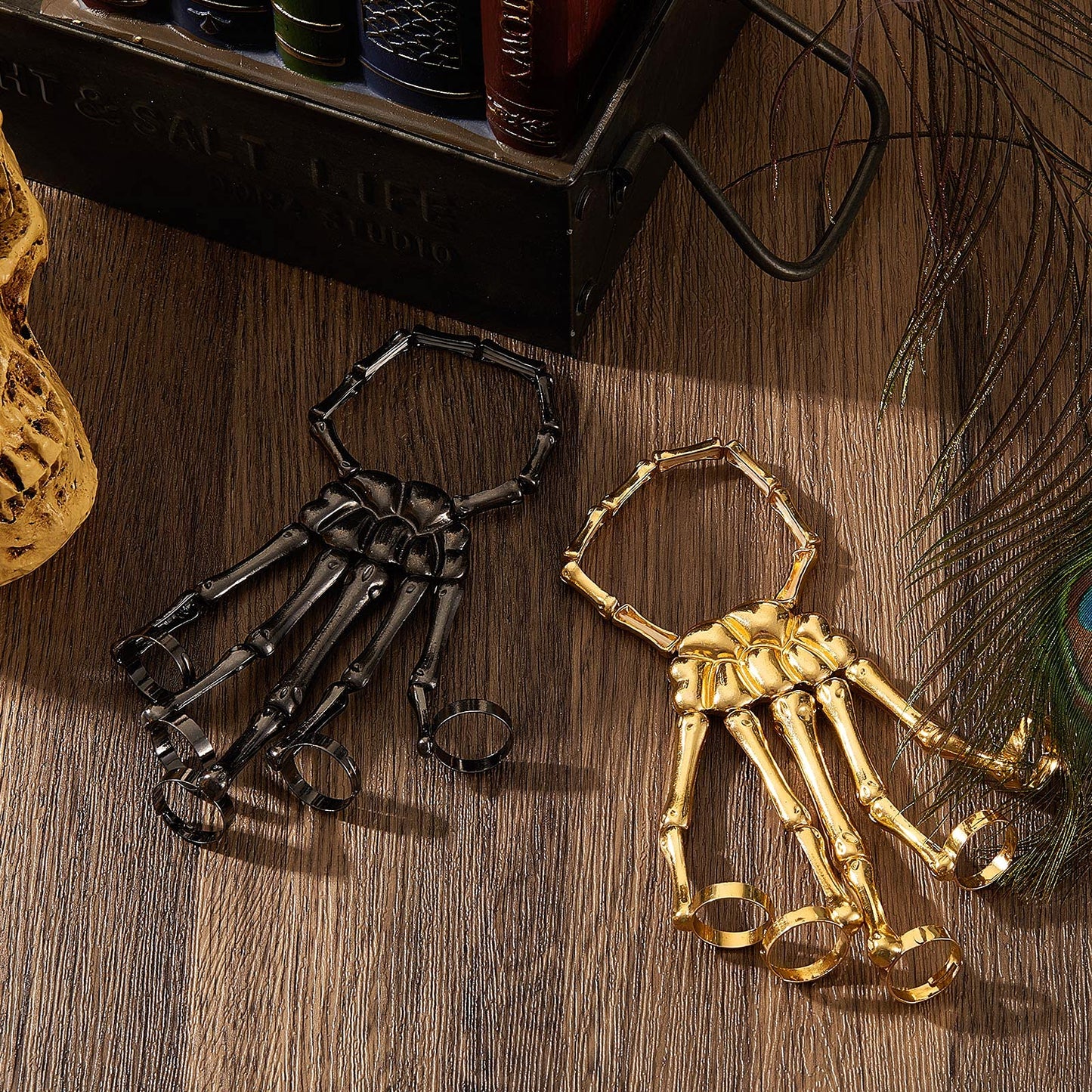 Hicarer 2 Pcs Skeleton Hand Bracelet with Finger Ring Metal Steampunk Skull Gothic Skull Bracelet Adjustable Skeleton Hand Jewelry Finger Wristband for Men Women Halloween Cosplay