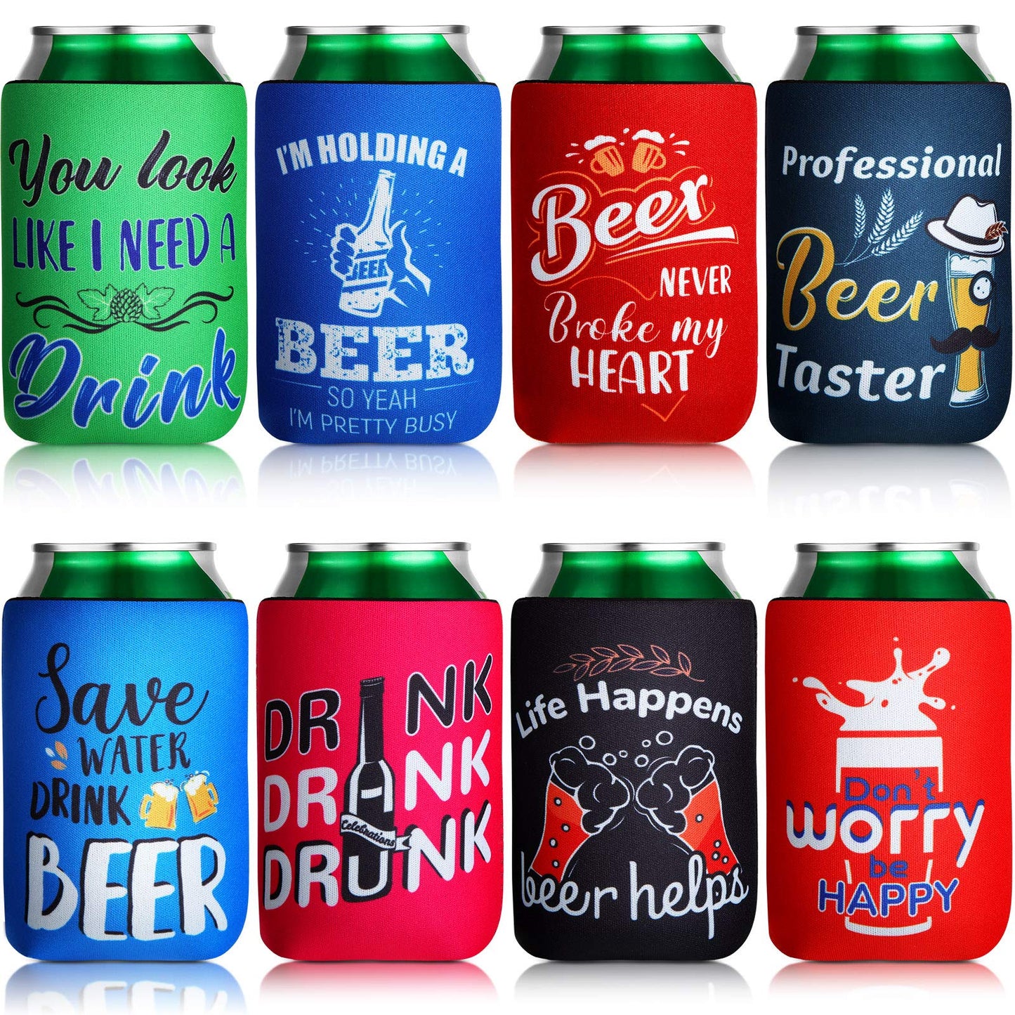 Can Cooler Sleeve for Beer Funny Quotes Insulated Neoprene Drink Cooler Sleeves Collapsible Drink Holder for Beverages Wine Cans Bottles BBQs Party Favors(8 Pcs,4.9 x 3.7 Inch)
