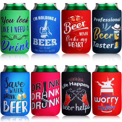 Can Cooler Sleeve for Beer Funny Quotes Insulated Neoprene Drink Cooler Sleeves Collapsible Drink Holder for Beverages Wine Cans Bottles BBQs Party Favors(8 Pcs,4.9 x 3.7 Inch)