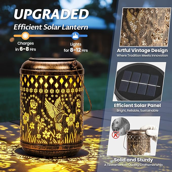 Solar Lanterns Hummingbird Garden Decor Vintage Hanging Gifts for Mom Grandma Indoor Outdoor Waterproof Heavy Duty Vintage Table Metal Lights for Yard, Patio, Lawn, Balcony, Pathway, Garden Decor 2Pcs