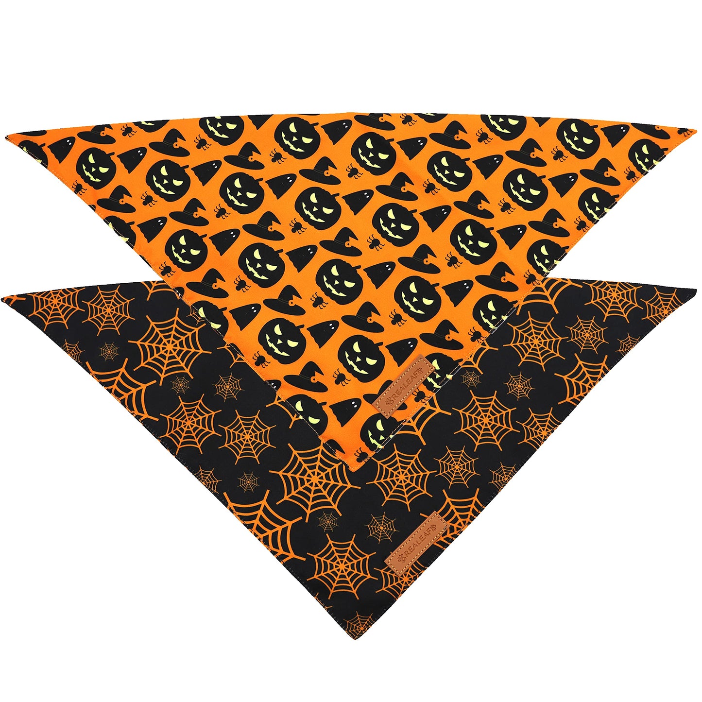 Realeaf Halloween Dog Bandanas 2 Pack, Pumpkin and Spider Web Bibs, Triangle Reversible Fall Pet Scarf, Premium Durable Fabric, Adjustable Fit (Small)