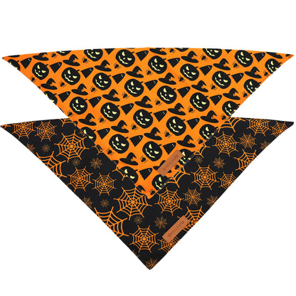 Realeaf Halloween Dog Bandanas 2 Pack, Pumpkin and Spider Web Bibs, Triangle Reversible Fall Pet Scarf, Premium Durable Fabric, Adjustable Fit (Small)