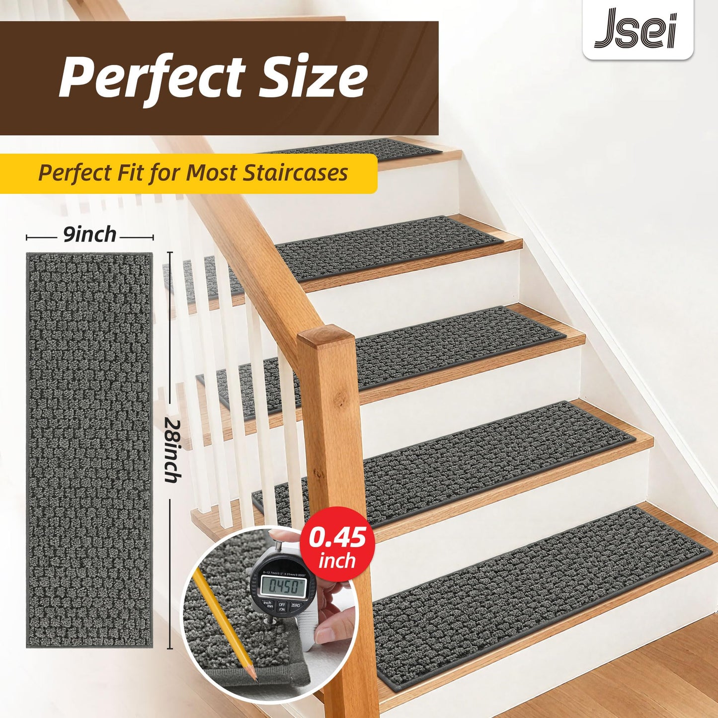 JSEI Stair Treads for Wooden Steps, 4 Pack 9" X 28" Non-Slip Machine Washable Carpet Stair Treads with TPE Backing, Soft Indoor Stair Rug Runner for Kids Elders & Pets, 100% Polyester, Grey