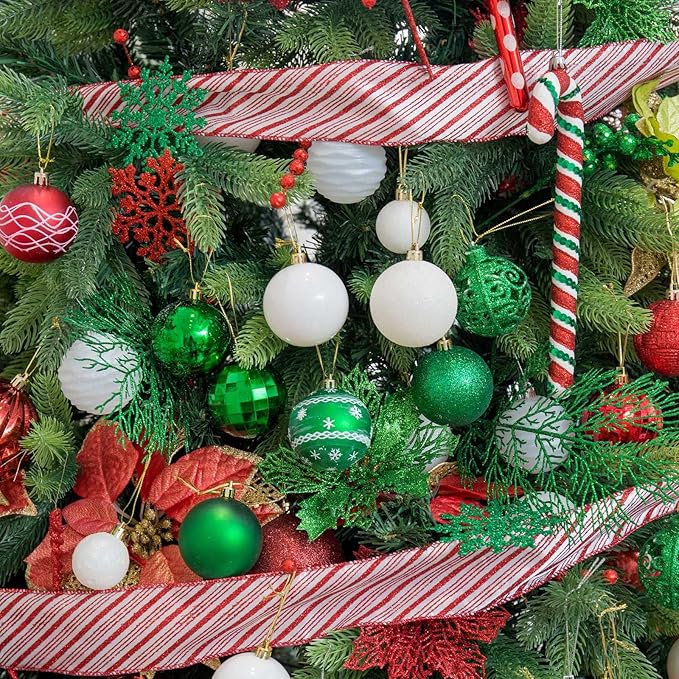 SY CRAFT 86 Pieces of Assorted Shatterproof Christmas Ball Snowflake Ornaments Seasonal Decorative Hanging Ornament Set with Hand-held Gift Package for Xmas Tree Decorations (86PCS, Green Red Gold)