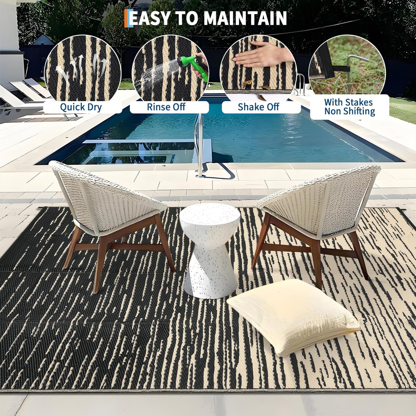 COZYLOOM Striped 6x9 RV Outdoor Rug Waterproof, Modern Outdoor Plastic Straw Rug, Foldable Lightweight Reversible UV Resisatnt Rugs for Picnic Backyard Deck Balcony Porch Beach Camper, Black Coffee