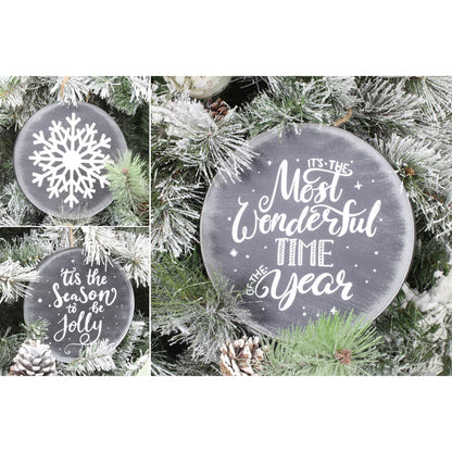 AuldHome Design Chalkboard Sign Ornaments (3 Pack); Jumbo Blackboard Style Round Metal Christmas Signs, Each 8-Inch Diameter