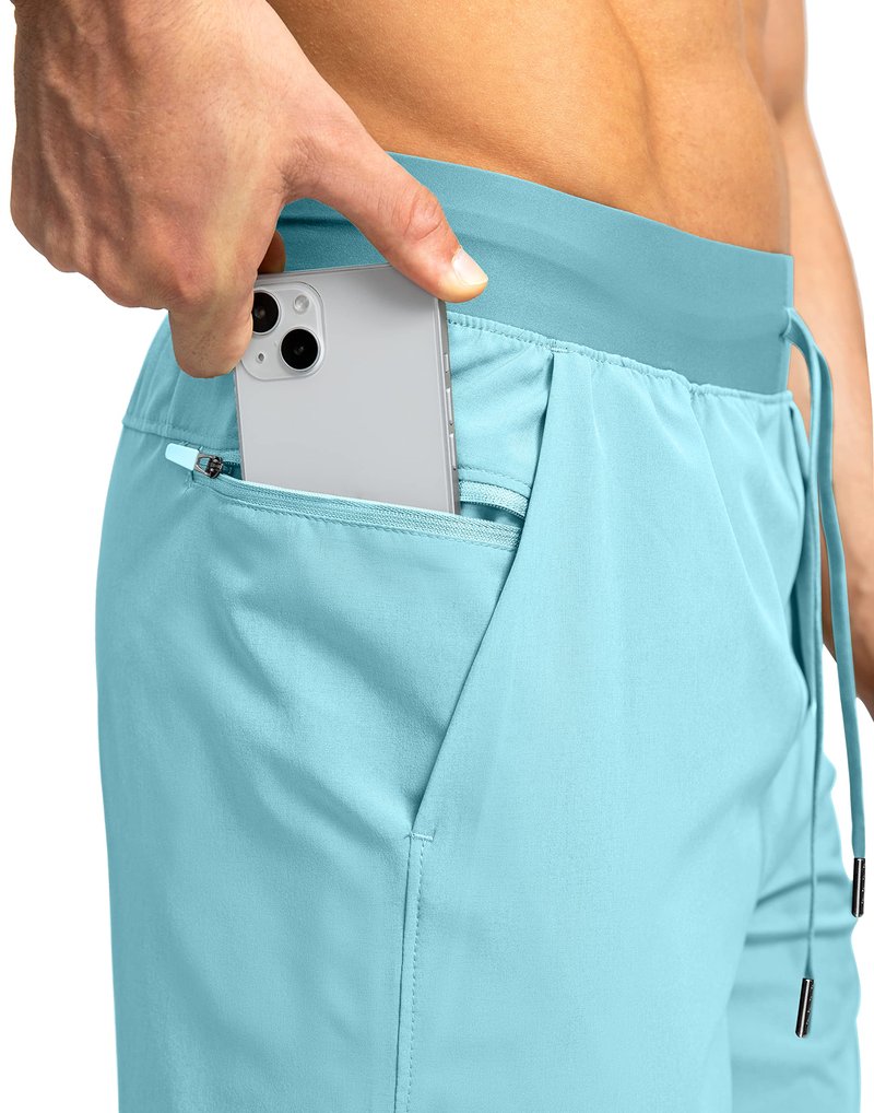 Soothfeel Men's Running Shorts with Zipper Pockets 7 Inch Lightweight Quick Dry Gym Athletic Workout Shorts for Men (Light Blue, L)