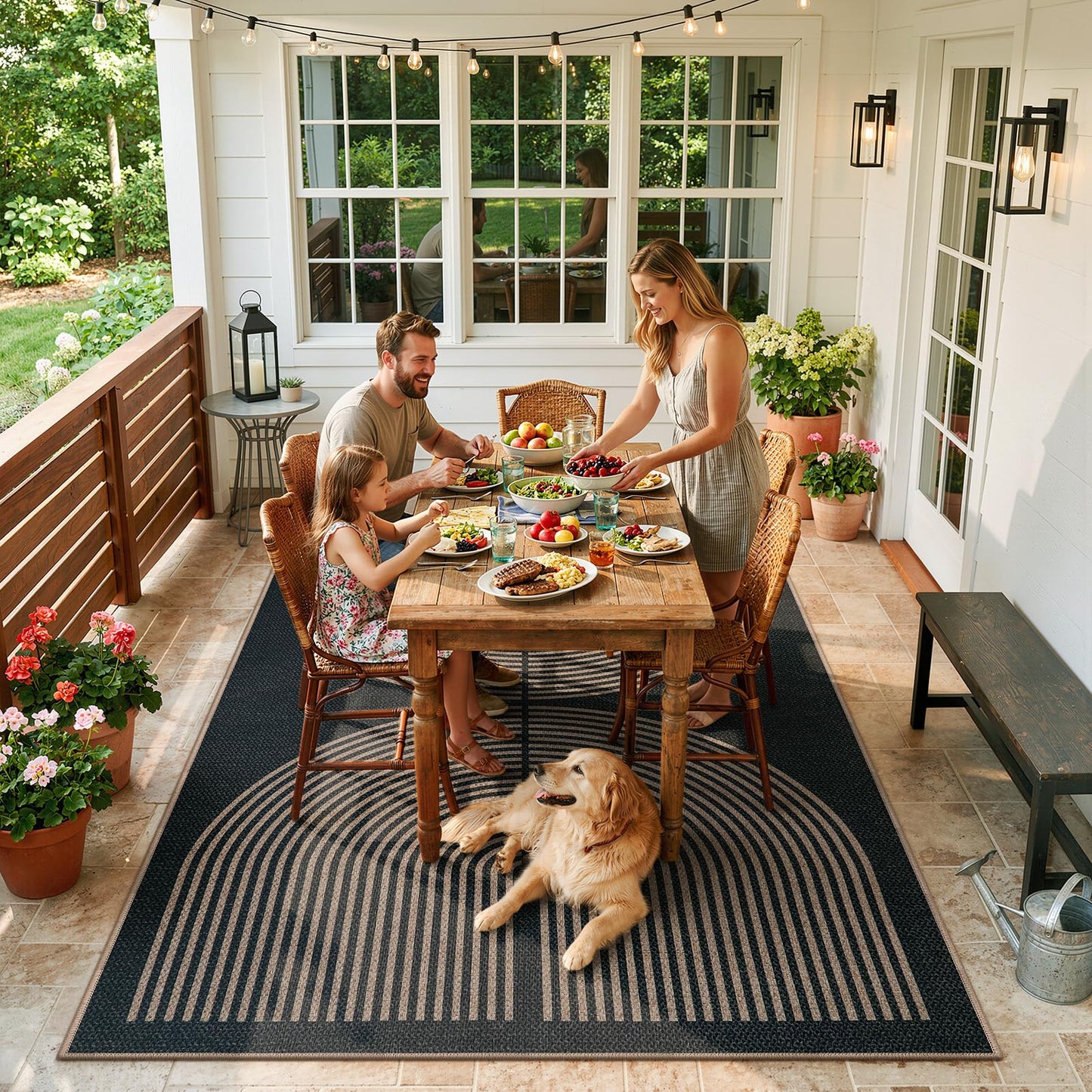 Lahome Modern Rainbow Easy Jute 4x6 Rug, Outdoor Patio Rug for Living Room Washable Black Carpet for Bedroom, Contemporary Non Slip Non Shedding Floor Carpet for Office Backyard