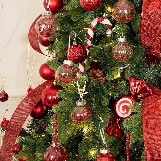 XmasExp 32ct Christmas Ball Ornaments Set -Red Clear Plastic Shatterproof Xmas Tree Ball Decorations Hanging Baubles for Holiday Decor