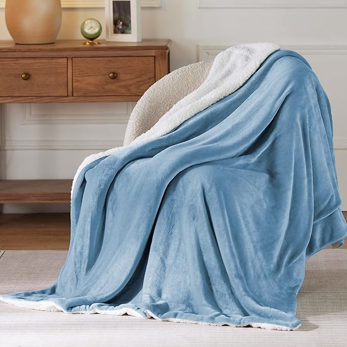 Bedsure GentleSoft Sherpa Fleece Throw Blanket for Couch - Thick and Warm Throw for Men, Soft Fuzzy Plush Blanket for Winter, Washed Blue, 50x60 Inches