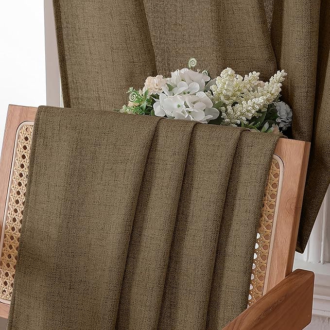 Tollpiz Linen Curtain Bedroom Rod Pocket Semi Sheer Curtains Burlap Light Filtering Thick Linen Drape for Living Room, 54 x 63 inches Long, Brown, Set of 2 Panels