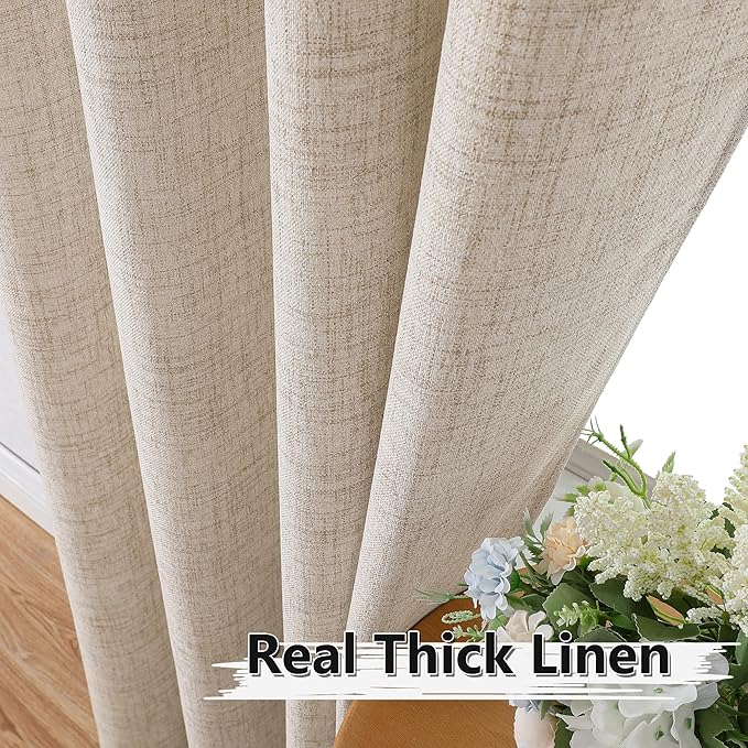 Tollpiz Linen Curtains Living Room Rod Pocket Semi Sheer Curtain Burlap Light Filtering Thick Linen Drapes for Bedroom, 38 x 63 inches Long, Natural, Set of 2 Panels