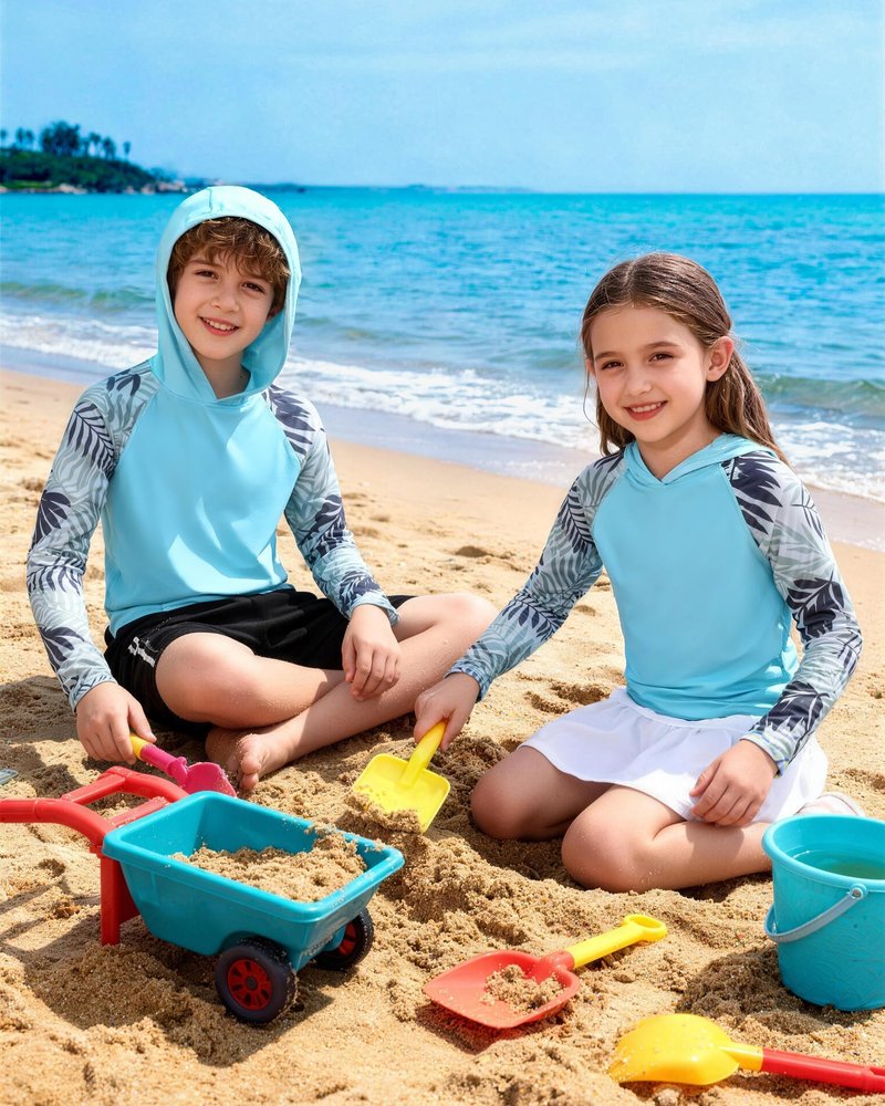DRONIRING Boys Rash Guard Swim Hoodie, UPF 50+ UV Sun Protection Long Sleeve Fishing Shirt, Kids Youth SPF Water Shirts Blue