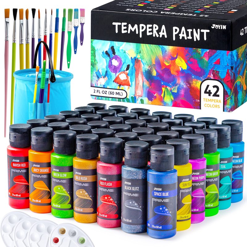 JOYIN Washable Tempera Paint Set for Kids 42PCS, Non Toxic Liquid Paint with 15 Brushes and 4 Palettes - Art Supply for Kids for Arts and Crafts Project, Finger Painting (2 oz Each), School Project Art Supplies