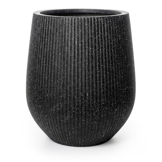 DTY Premium Mt Wilson Tall Tapered Fiberstone Planter for Indoor Outdoor Use, Modern Large Olive Tree Pot with Drainage Hole, 2 Coco Mats. Ribbed Black, Medium 15'' D x 16.7” H. 11.2” Pot Opening