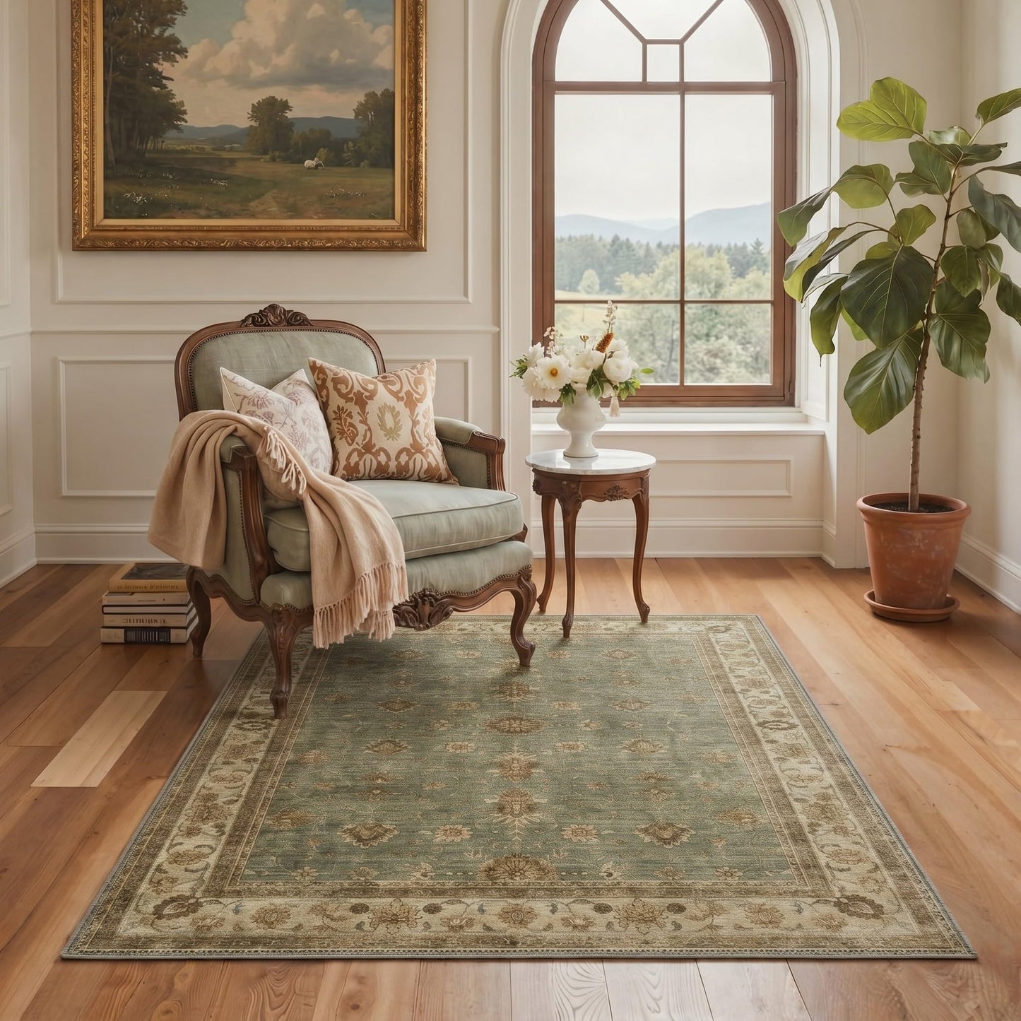 GENIMO 5X7 Area Rugs for Living Room, Machine Washable Non Slip Boho Vintage Rugs, Low Pile Soft Stain Resistant Rug for Bedroom, Dining Room, Home Office, Muted Sage