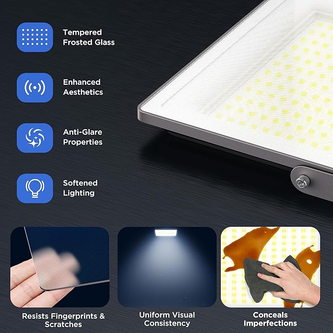 100W LED Flood Light with Frosted Glass, Soft Light, 12000LM, IP66 Waterproof, 6500K Daylight, Outdoor Security Light for Backyard Stadium Lawn (100W2P)