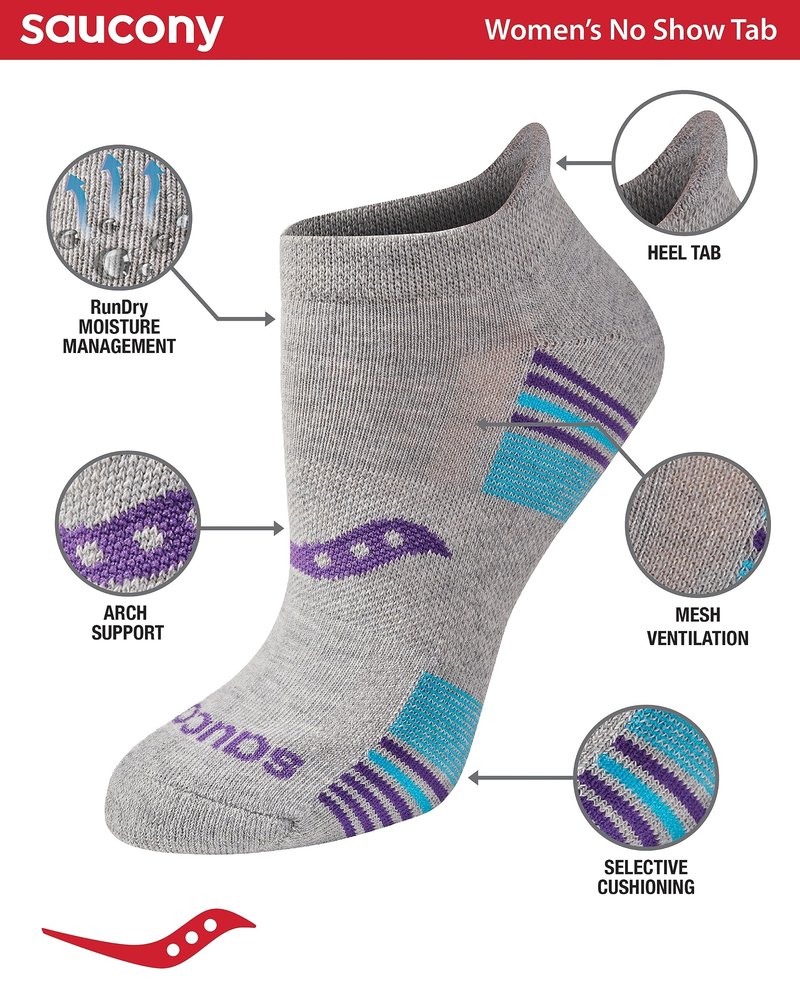 Saucony Women's RunDry Performance 8, 16 Pairs Heel Tab Athletic Socks, S-L, Grey Heather Blue Assorted (8 Pairs), Medium