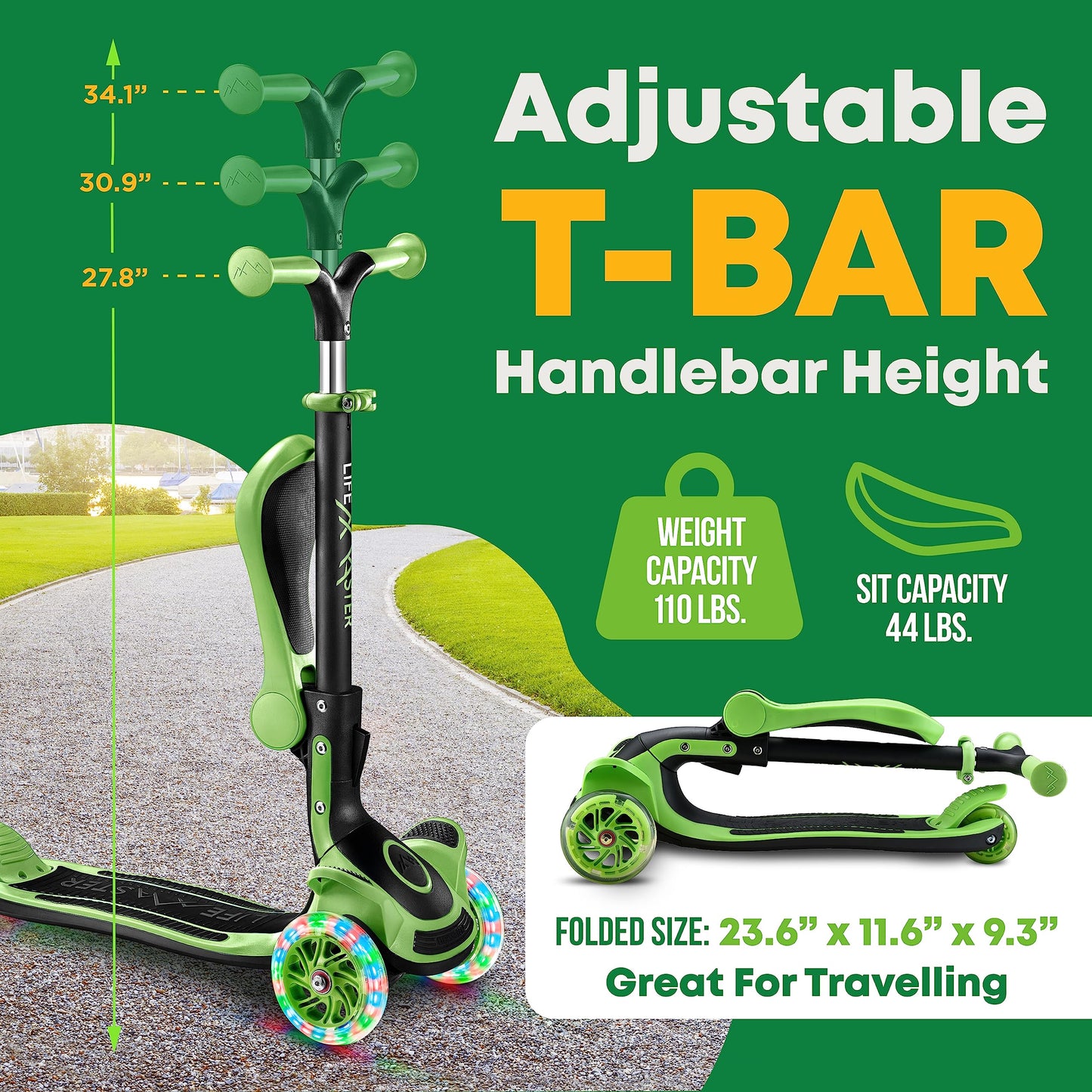 3 Wheel Scooter for Kids with Foldable Seat, Adjustable Handlebar Height, Lean-to-Steer Ride On Toy for Kids Ages 2+, Light-Up LED Wheels, Wide Anti Slip Deck, Indoor & Outdoor Use, Green