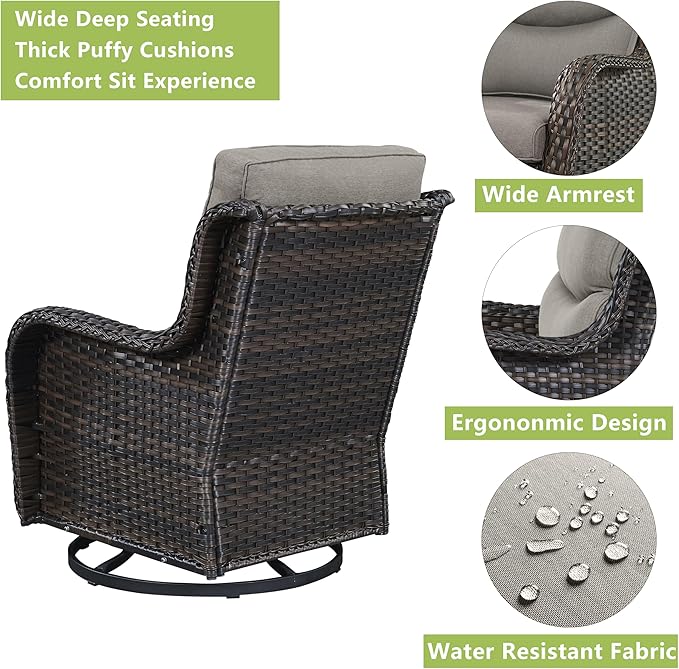 Rilyson Wicker Rocking Chair Swivel Chairs - 3 Piece Rocker Patio Furniture Set Rattan Rocking Bistro Sets with Glass Top Side Table for Outdoor Porch Deck Garden Backyard (Brown/Grey/Smile)