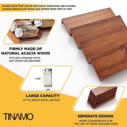 Tinamo Wood Spice Drawer Organizer - Acacia Wooden Tray Spice Racks Organizer for Cabinet Storage Shelf - 4 Tier Spice Rack for Drawer 32 Jars (Pack 4)