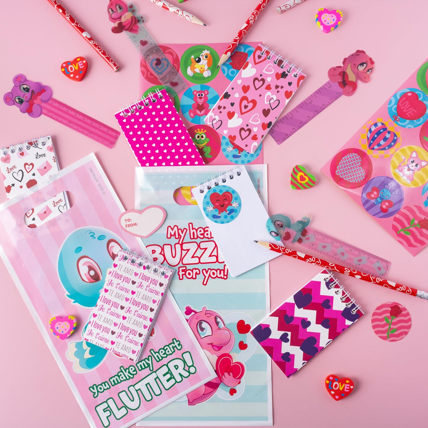 JOYIN 24packs Valentines Day Stationery Gifts, 96pcs Party Favor with Pencil, Erasers, Notebook & Bags for Kids School Classroom Exchange Supplies