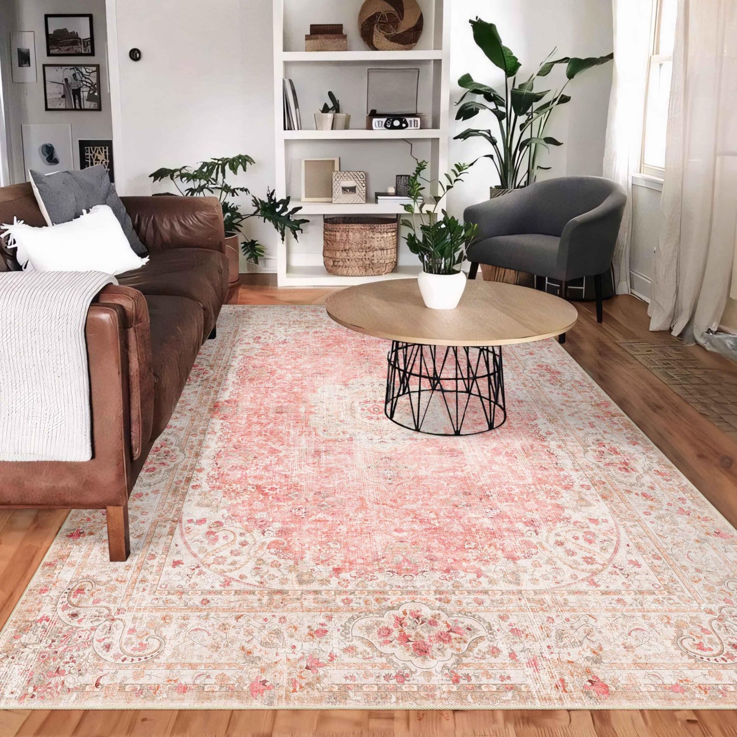 Castage 5x7 Area Rugs Washable,Pink Rug for Living Room Bedroom Kitchen,Large Boho Vintage Bohemian Distressed Carpet Non Slip,Blush