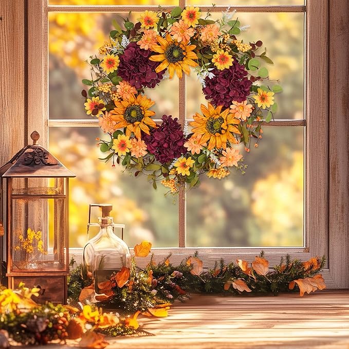 Sunflower Wreaths for Front Door, 24'' Autumn Wreath with Sunflower Hydrangeas & Leaves for Porch Window, Halloween Thanksgiving Wreaths for Home Decor