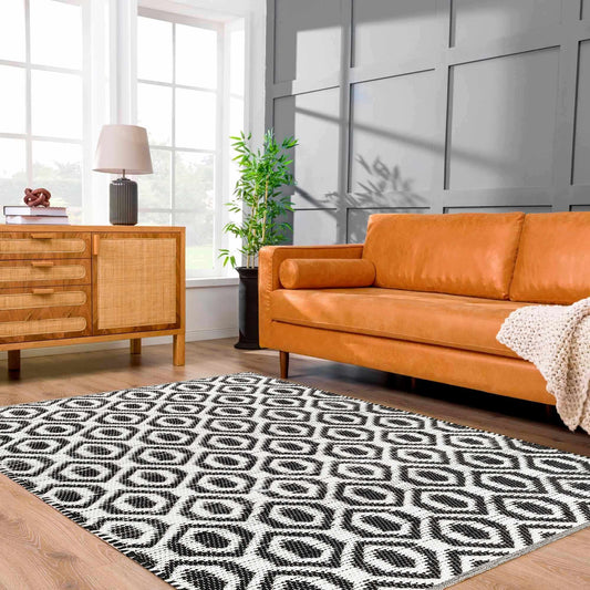 Hauteloom Nautilus Recycled Material Area Rug - Geometric Diamond Trellis Medallion - Contemporary Modern Tribal Minimalist Moroccan - Rose Cream, Dark Purple, Dark Gray, Black, White - 5' x 7'6"