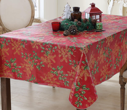 Newbridge Red Golden Holly Christmas Vinyl Tablecloth with Flannel Backing, Metallic Gold Holly & Berry Print, Wipe Clean Easy Care, 52 x 52 Inch Square