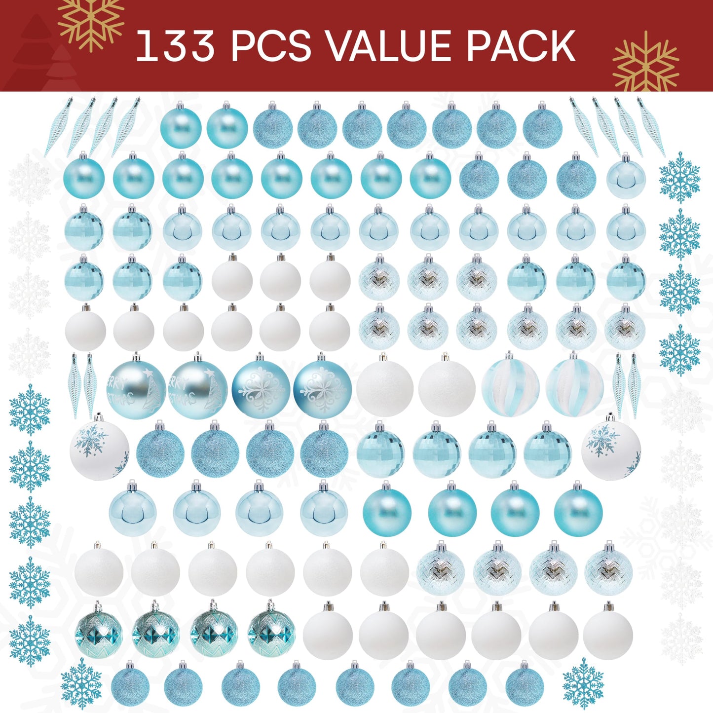 Joiedomi 133 Pcs Christmas Ornaments, Blue & White Assorted Shatterproof Christmas Balls Ornaments for Xmas Tree Wreath Garland Holidays Indoor/Outdoor Party and Events