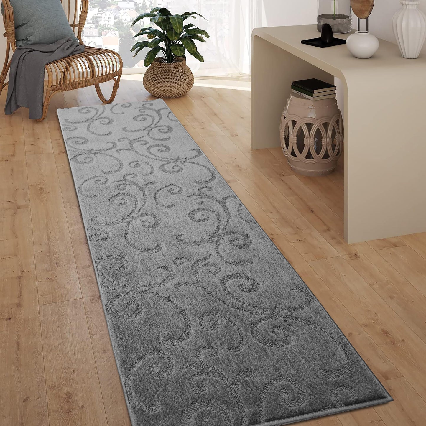 8 Ft Long Non-Slip Washable Carpet Runner Rug with Rubber Backing, 31" X 8' Custom Floor Mat for Kitchen Hallway Stairs Bedroom Bathroom Entryway, Your Choice of Length, Scroll Anthracite Dark Grey