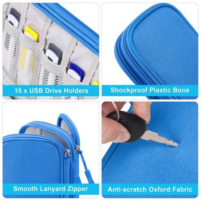Lacdo USB Flash Drive Case Thumb Drive Holder Case Organizer Portable Electronic Accessories Storage Bag for SanDisk/SamData/Samsung USB Flash Drives Jump Drive Memory Stick, SD Card, Cable, Blue
