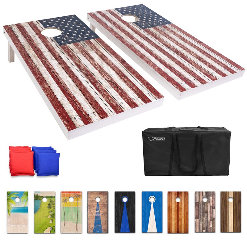 GoSports 4 x 2 ft Regulation Size Wood Cornhole Board Set - Rustic American Flag Design, Includes 2 Boards, 8 Bean Bags, Carrying Case and Game Rules