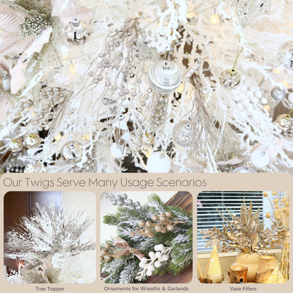 Sea Team 24-Pack Artificial Glitter Berry Stem Ornaments, Decorative Bead Sticks, Glittery Twigs, Picks, Branches for Christmas Tree, Small Vase, Holiday, Wedding, Party (15 Inches, Champagne)