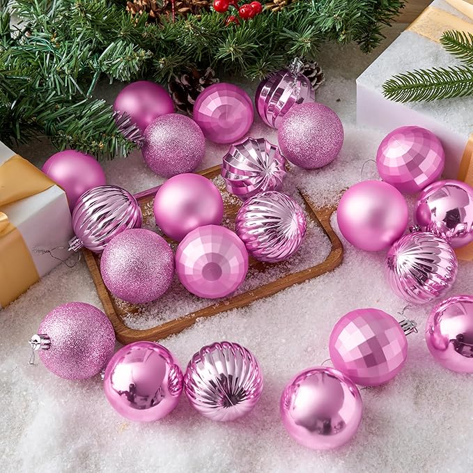 JOIEDOMI 24 Pcs Pink Christmas Balls Ornaments Set, 2.36" Christmas Tree Ornaments Shatterproof, Xmas Balls Hanging Decorations for Tree Wreath Garland Holiday Wedding Indoor Party Decor