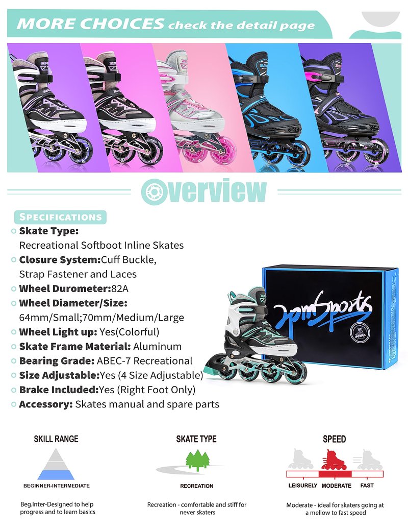 2PM SPORTS Cytia Pink Girls Adjustable Illuminating Inline Skates with Light up Wheels, Fun Flashing Beginner Roller Skates for Kids (Mint, Medium - Big Kid (13C-3 US))