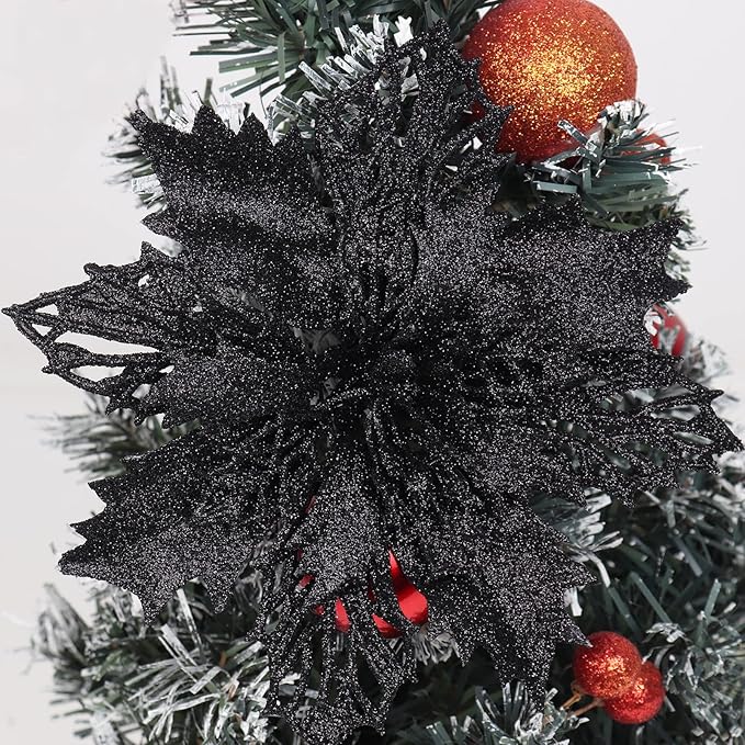 RECUTMS 10 Packs Christmas Glitter Poinsettia Flowers Artificial Christmas Flowers Decorations Wedding Xmas Tree New Year Ornaments Xmas Garland Wreath DIY Decorations Supplies(Black)