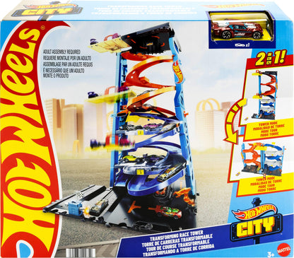 Hot Wheels City Racetrack, Transforming Race Tower, 2-in-1 Tower Mode or Race Mode for Single or Dual Racing, Includes 1 Toy Car in 1:64 Scale, Toys for Ages 3 and Up, One Pack, HKX43