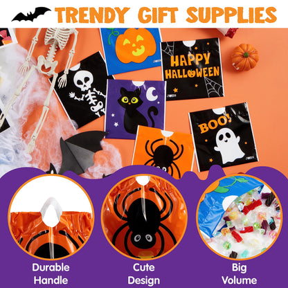 JOYIN 96 Pcs Halloween Drawstring Candy Bags, Small Trick or Treat Goodie Bags Bulk, 6 Designs Halloween Plastic Gift Bag for Kids Trick or Treating, Boys Girls Party Favors Supplies, Classroom Gifts