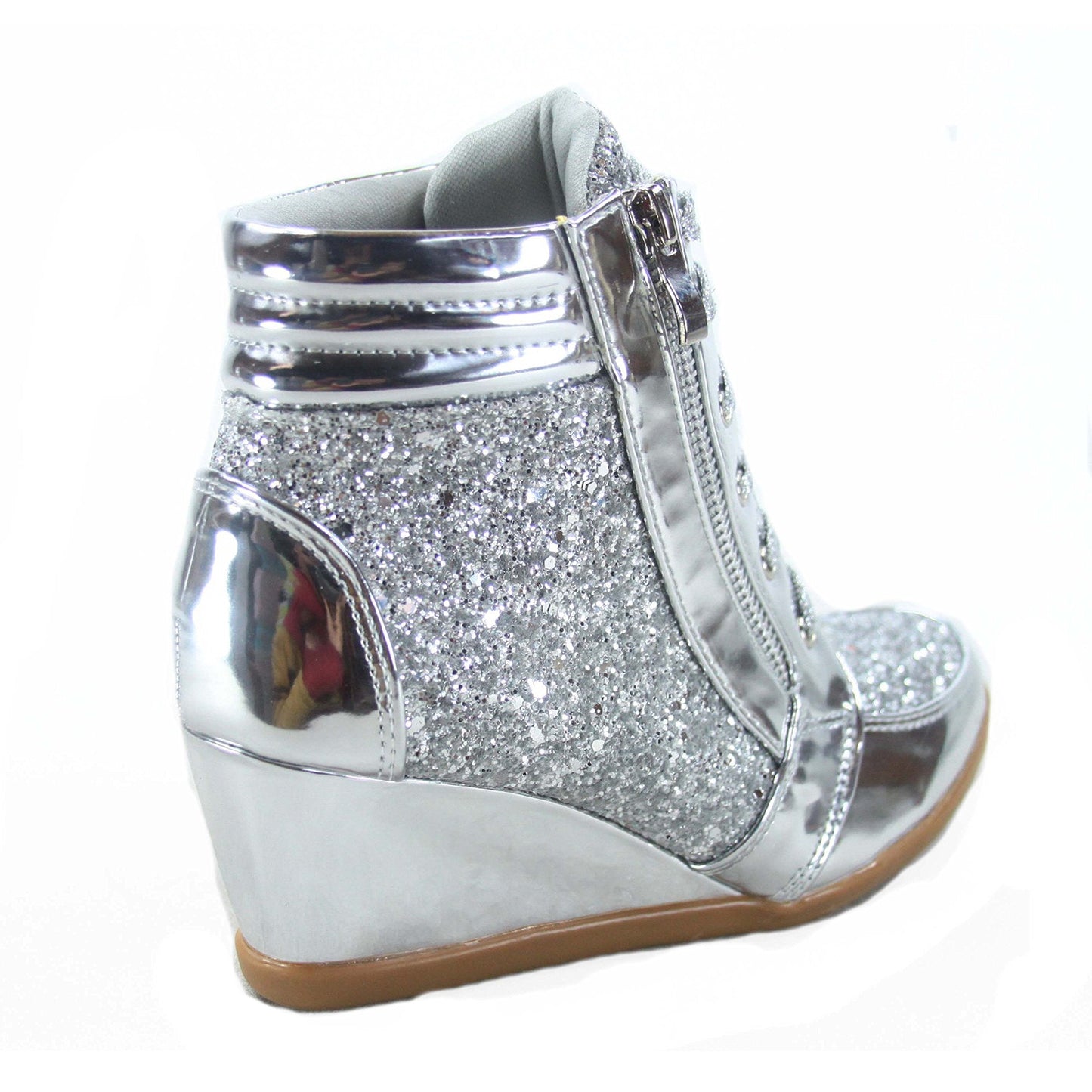 Forever Link Women's Fashion Glitter High Top Lace Up Wedge Sneaker Shoes,Silver,8.5