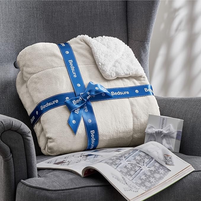 Bedsure GentleSoft Sherpa Fleece Throw Blanket Twin Size for Couch - Thick and Warm, Soft Fuzzy Plush Twin Blanket for Winter, Linen, 60x80 Inches