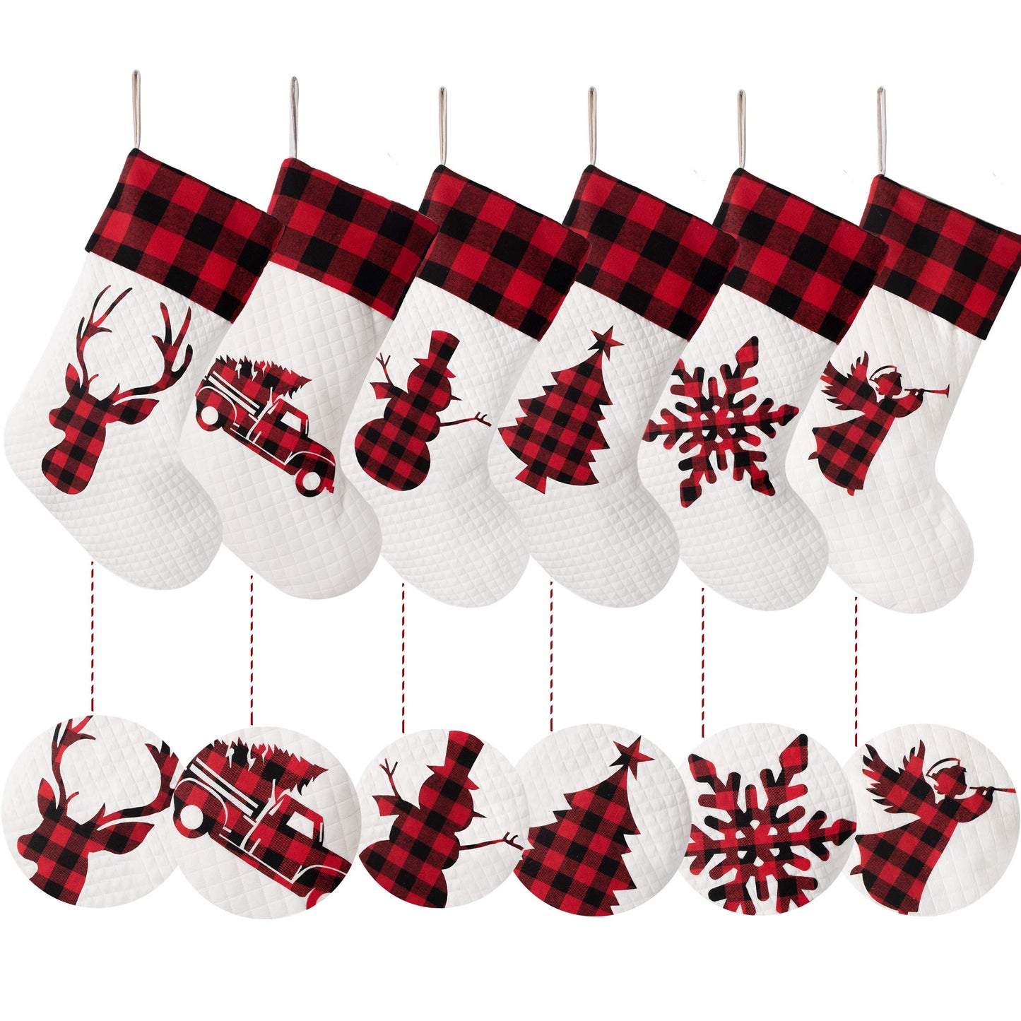 LUBOT Set of 6 Christmas Stocking(20inch) Silhouette Buffalo Red Plaid/Rustic/Farmhouse/Country Cotton Fireplace Hanging Xmas Stockings Decorations for Family Holiday Season Decor