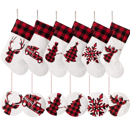 LUBOT Set of 6 Christmas Stocking(20inch) Silhouette Buffalo Red Plaid/Rustic/Farmhouse/Country Cotton Fireplace Hanging Xmas Stockings Decorations for Family Holiday Season Decor