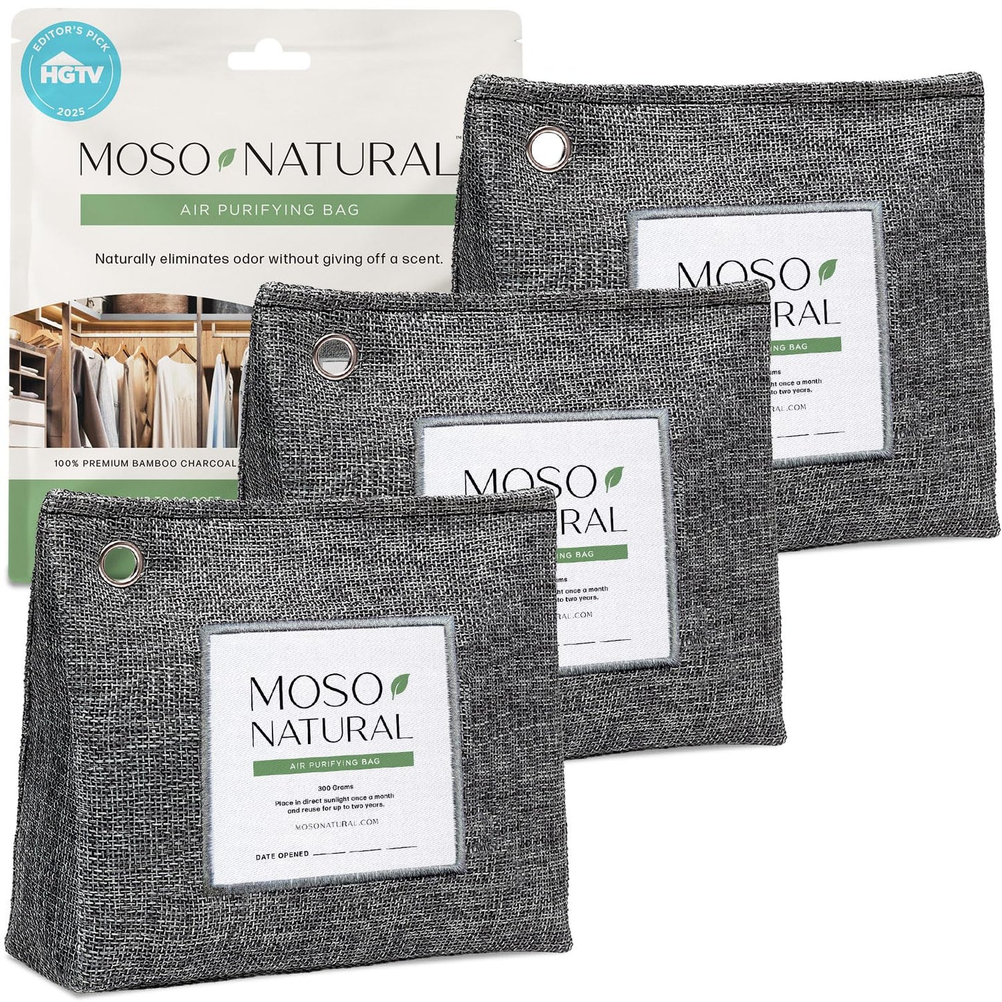 Moso Natural Air Purifying Bag 300g (3 Pack). A Scent Free Odour Eliminator for Closets, Bathrooms, Laundry and Pet Areas. Premium Moso Bamboo Charcoal