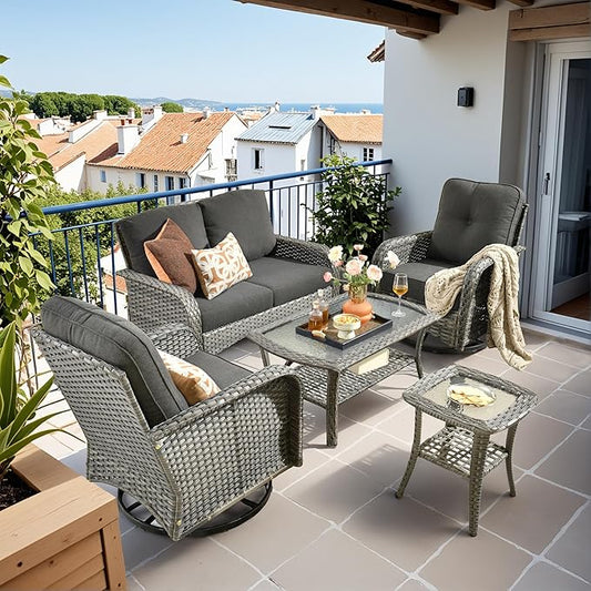 HOOOWOOO Patio Furniture Set,5 Pieces Outdoor Conversation Set,All Weather Wicker Loveseat Sofa Set with High Back Swivel Rocking Chairs Tables,Black