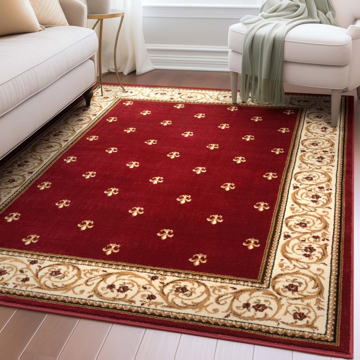 Well Woven Fleur de Lis Elegance Traditional Red 8x10 (7'10" x 9'10") Area Rug – 100% Jute Backing, Durable Living Room, Bedroom & Dining Room Area Rug