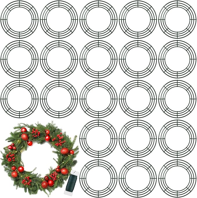 Fovths 24 Pack Christmas Wire Wreath Ring 16 Inches Metal Wire Wreath Frame with Floral Wires Green DIY Floral Crafts for Xmas Halloween New Year Holiday Valentines Day Decor