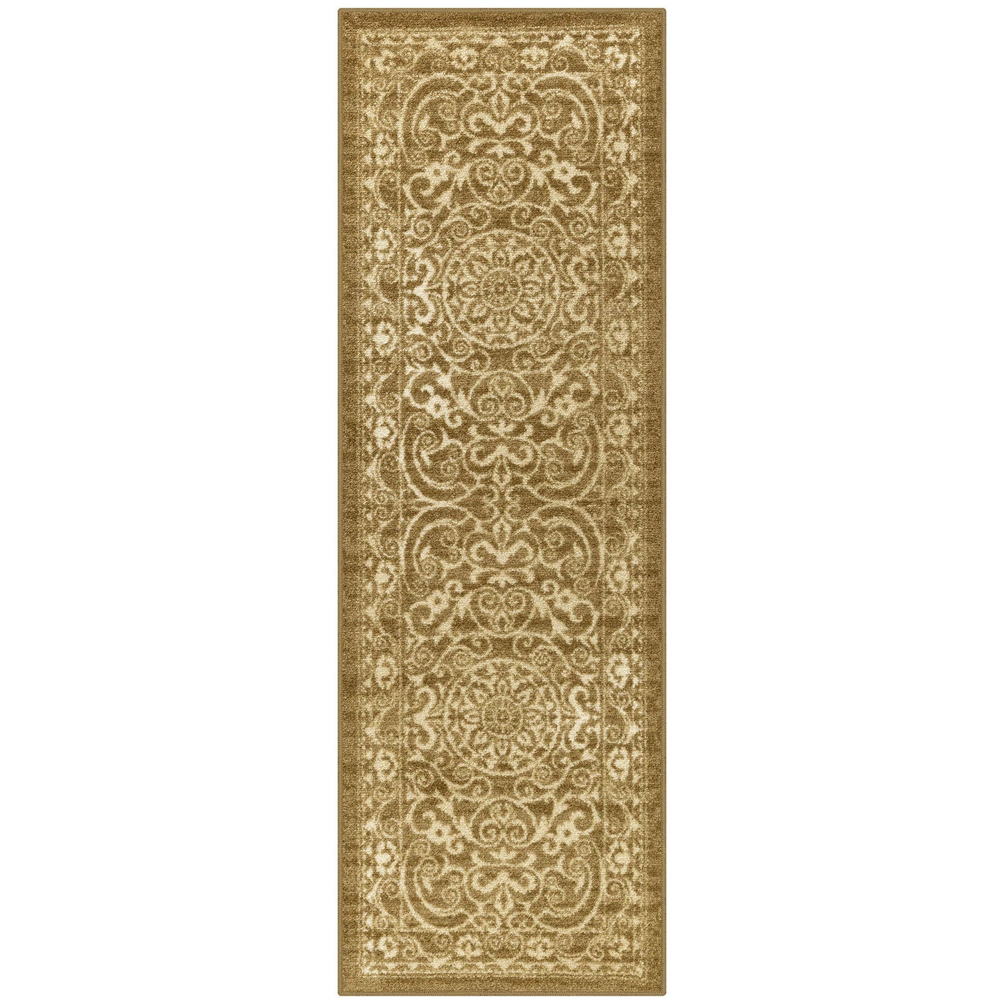 Maples Rugs Pelham Vintage Medallion Runner Rug - Made in USA - Washable, Non-Slip, Low Profile Indoor Rug for Hallway, Kitchen, and Laundry Room, 2' x 6', Khaki