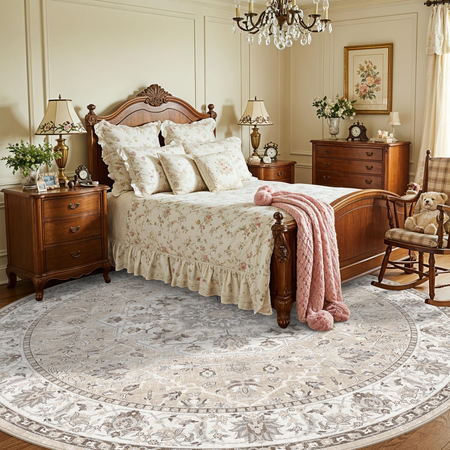 7x7 Living Room Area Rug: Washable Oriental Printed Soft Round Rug for Bedroom Besides Non-Slip Low-Pile Carpet for High-Traffic Area Indoor Stain Resistant Distressed Home Decor Mat(7Round,Beige)